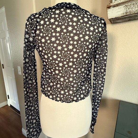 Free People Star Print Tie Front Sheer Long Sleeve Marne Top Black White Size XS - Picture 10 of 16